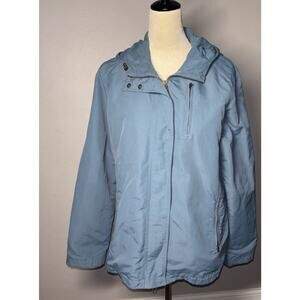 Eddie Bauer Womens Rain Coat Blue Size Large Full Zip Hooded Pockets Long Sleeve